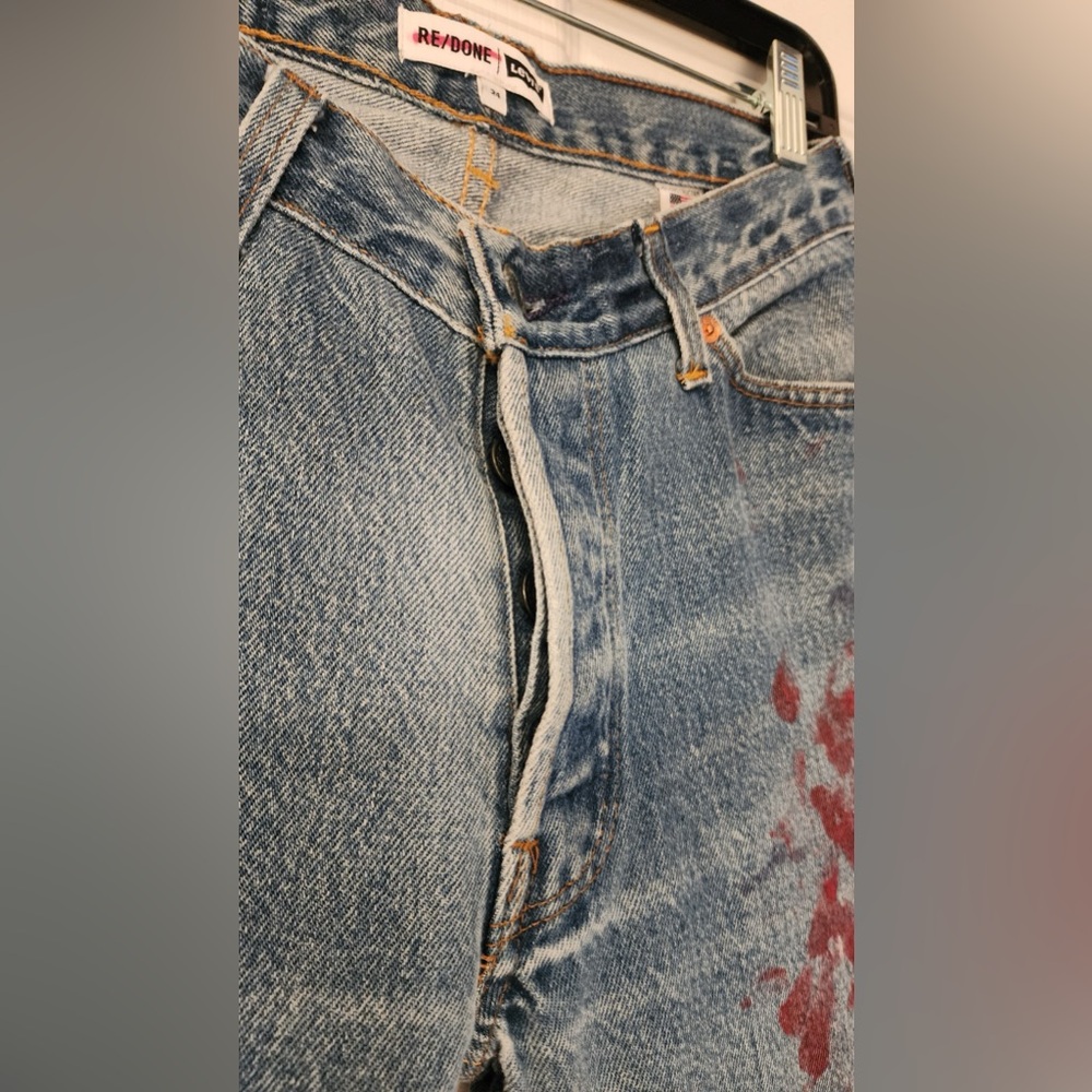 REDONE Blue Relaxed Crop Red Paint Splatter Women’s Cotton Denim Jeans Size 24 - Picture 7 of 15